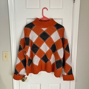 SHEIN Argyle Turtleneck Sweater - Orange, Black, White